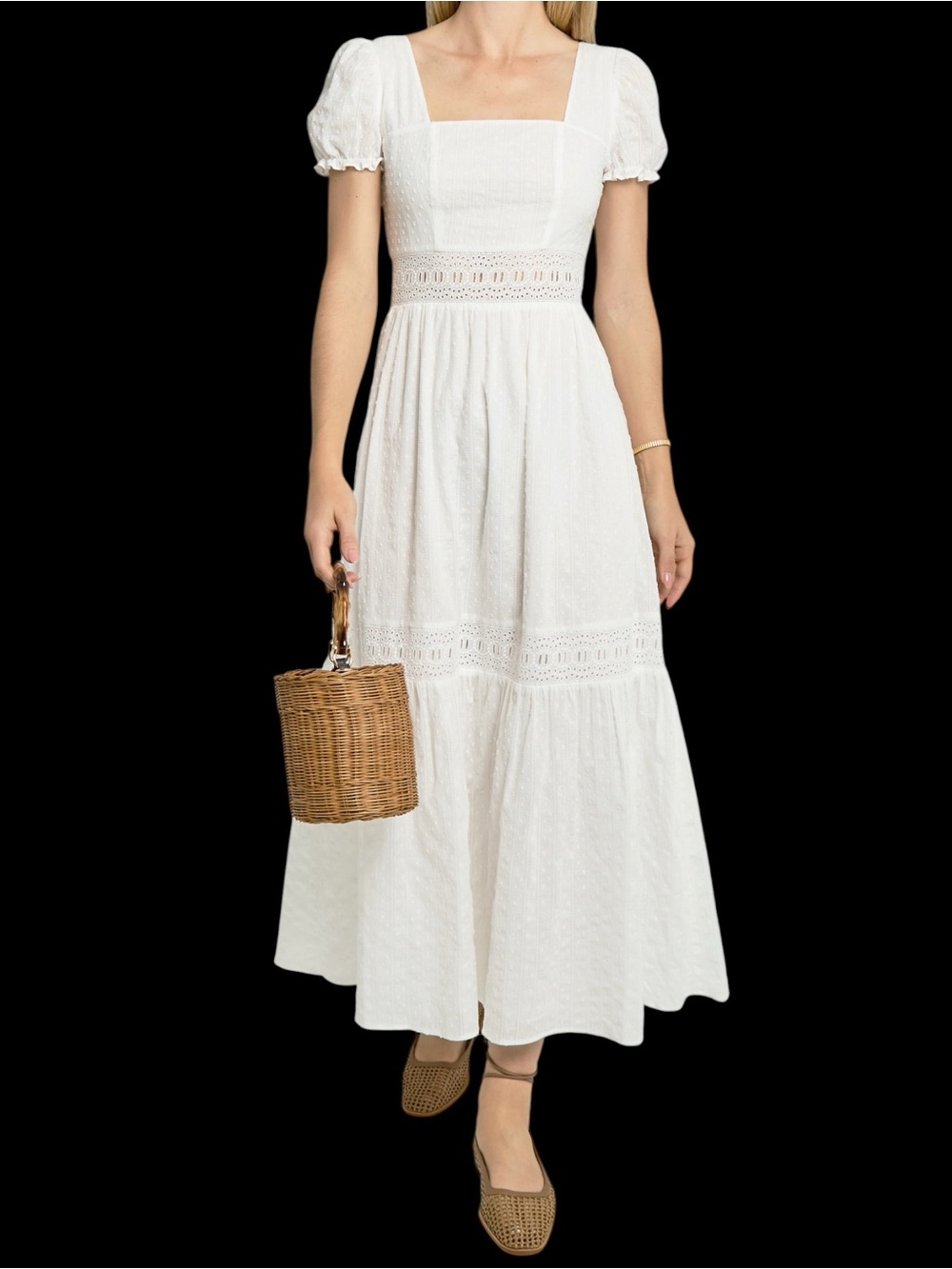 Few Moda o.p.t. Dulcie Cotton Dress White Puff-Sleeve Square Neck Maxi Eyelet